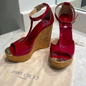 Jimmy Choo Pela Cork Red Leather Wedge Sandals size 37 1/2